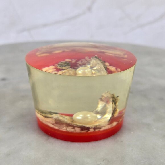 Vintage Open Clam with Pearl Lucite Encased Paperweight Red Base Made in Japan - Picture 2 of 9